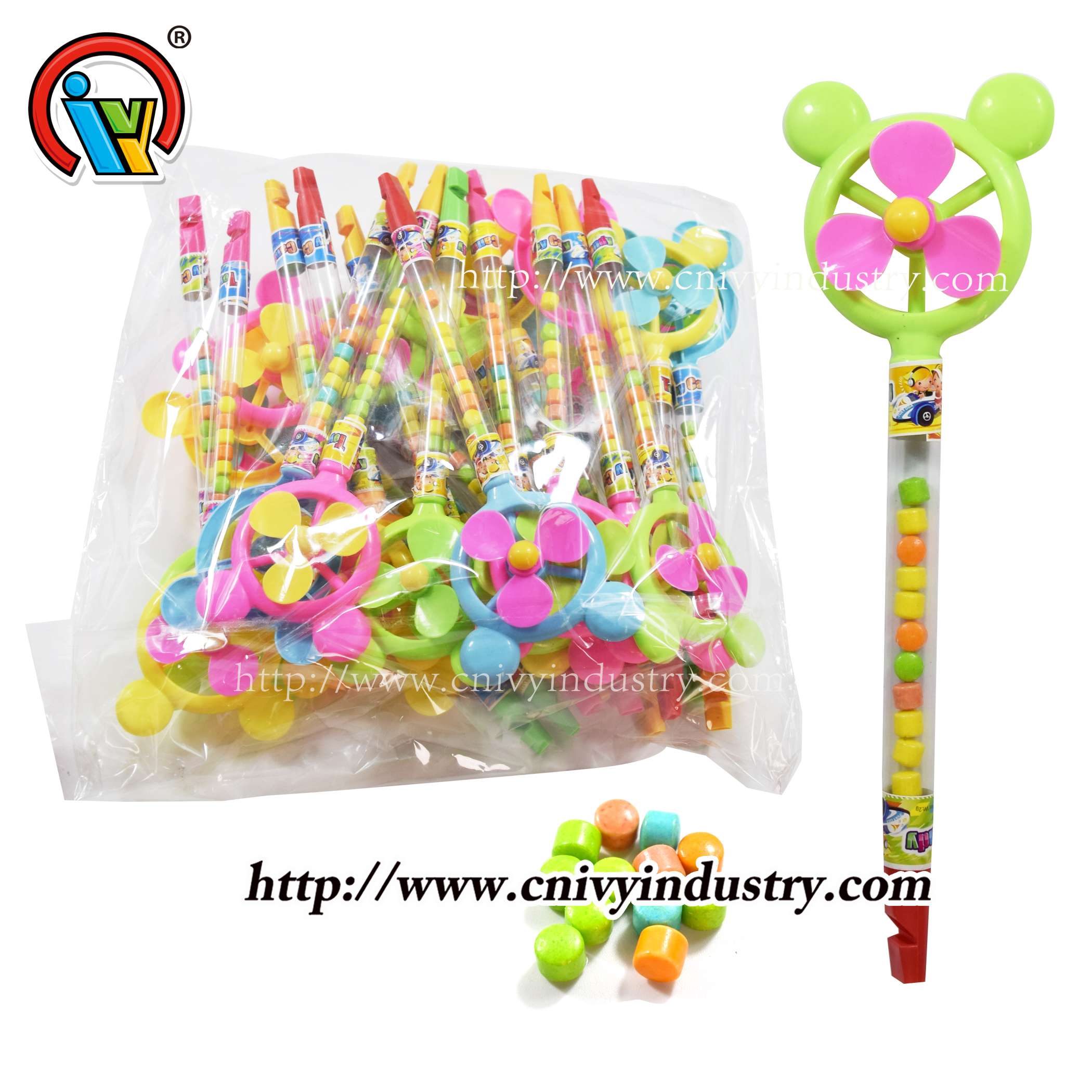 wholesale fan plastic toy candy with whistle 